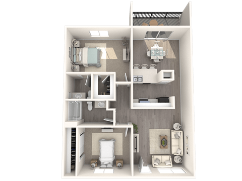Floor plan for 2 beds, 1.5 baths, 899 sqft